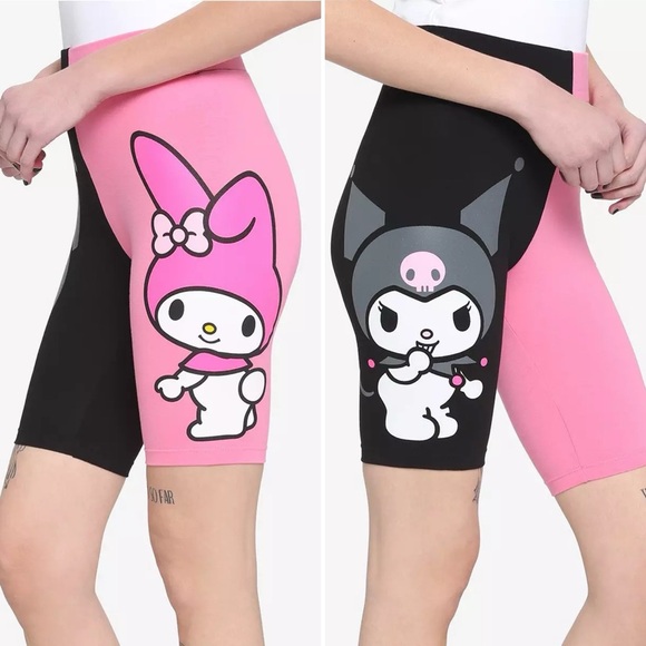 My Melody & Kuromi Split Pink Black Stretchy Bike Shorts - Picture 3 of 8